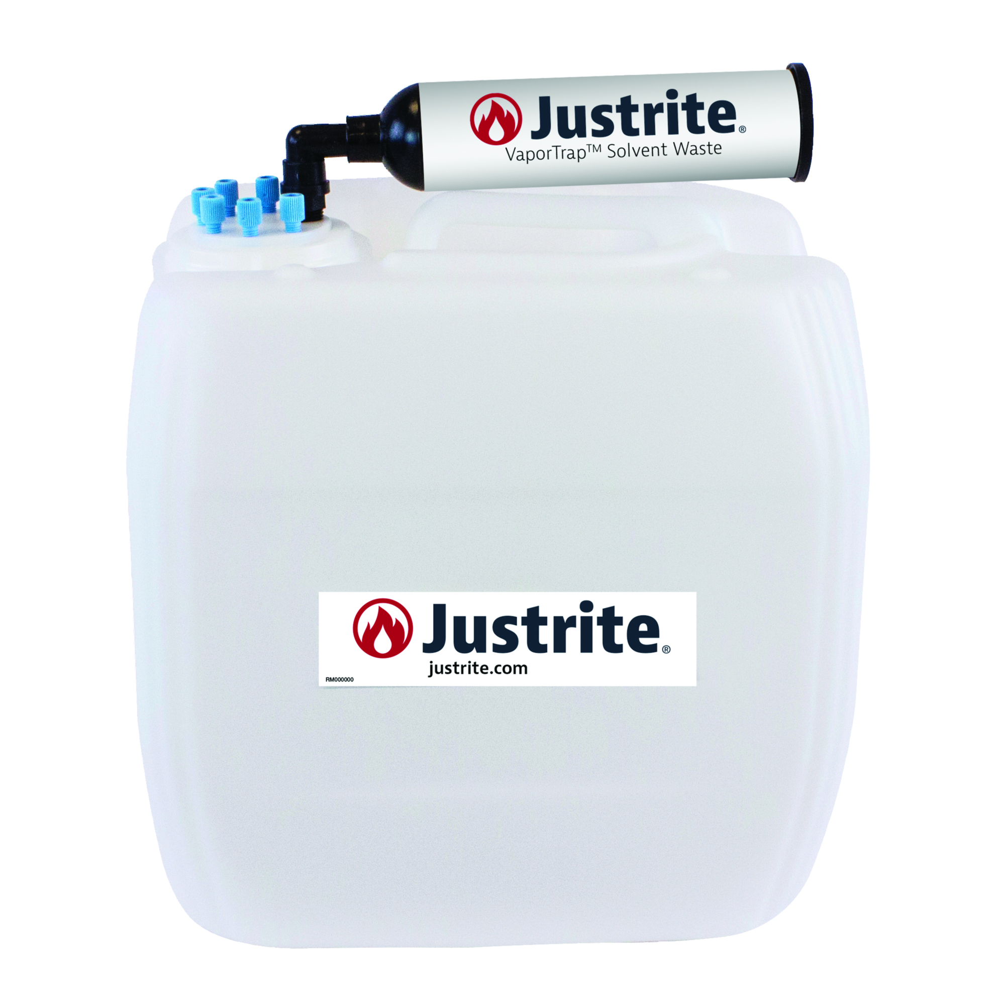 Justrite HDPE Carboy with Filter Kit — 13.5 Liters, UN/DOT Certified, VaporTrap, 6 Ports, 70mm Cap, Model# 12838